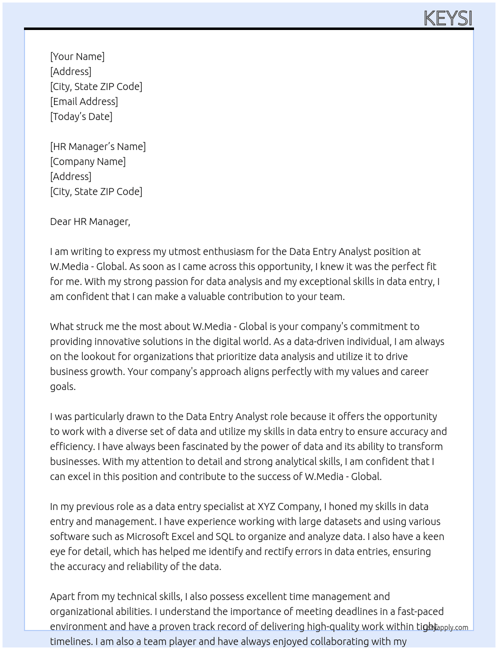 Data Entry Analyst At W.Media - Global Cover Letter