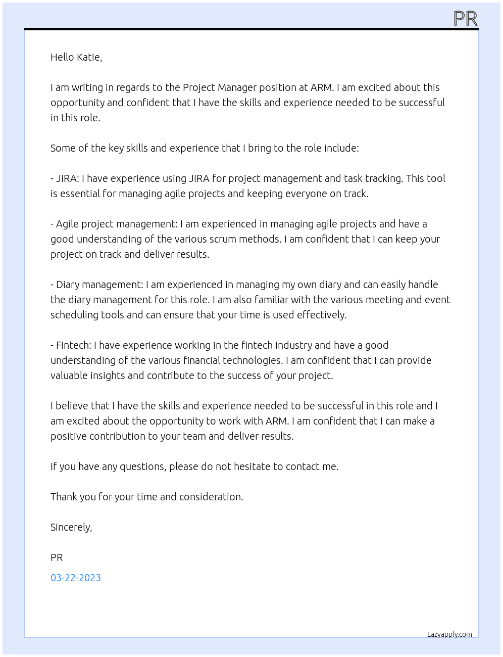 Project Manager At ARM Cover Letter