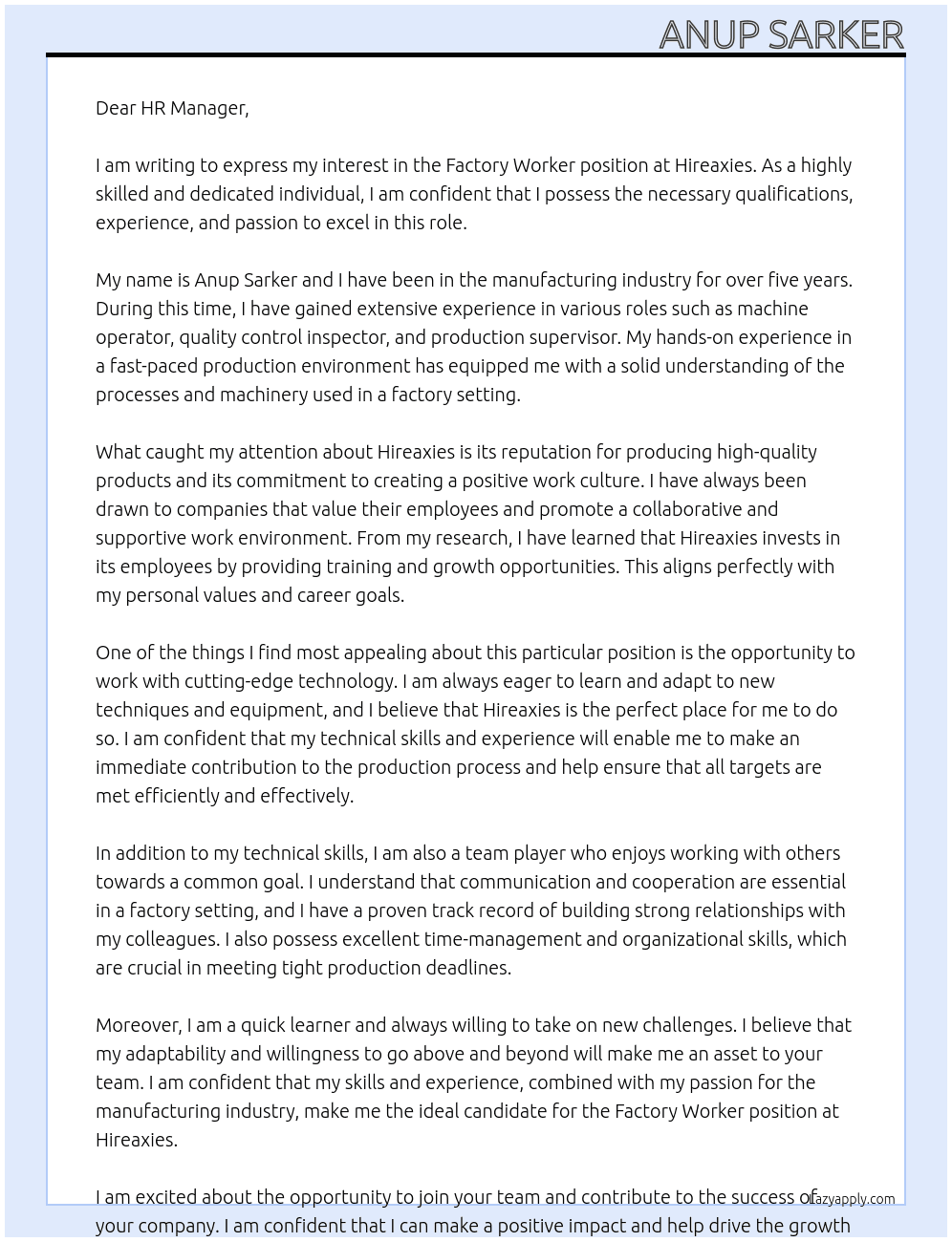 Factory Worker At Hireaxies Cover Letter