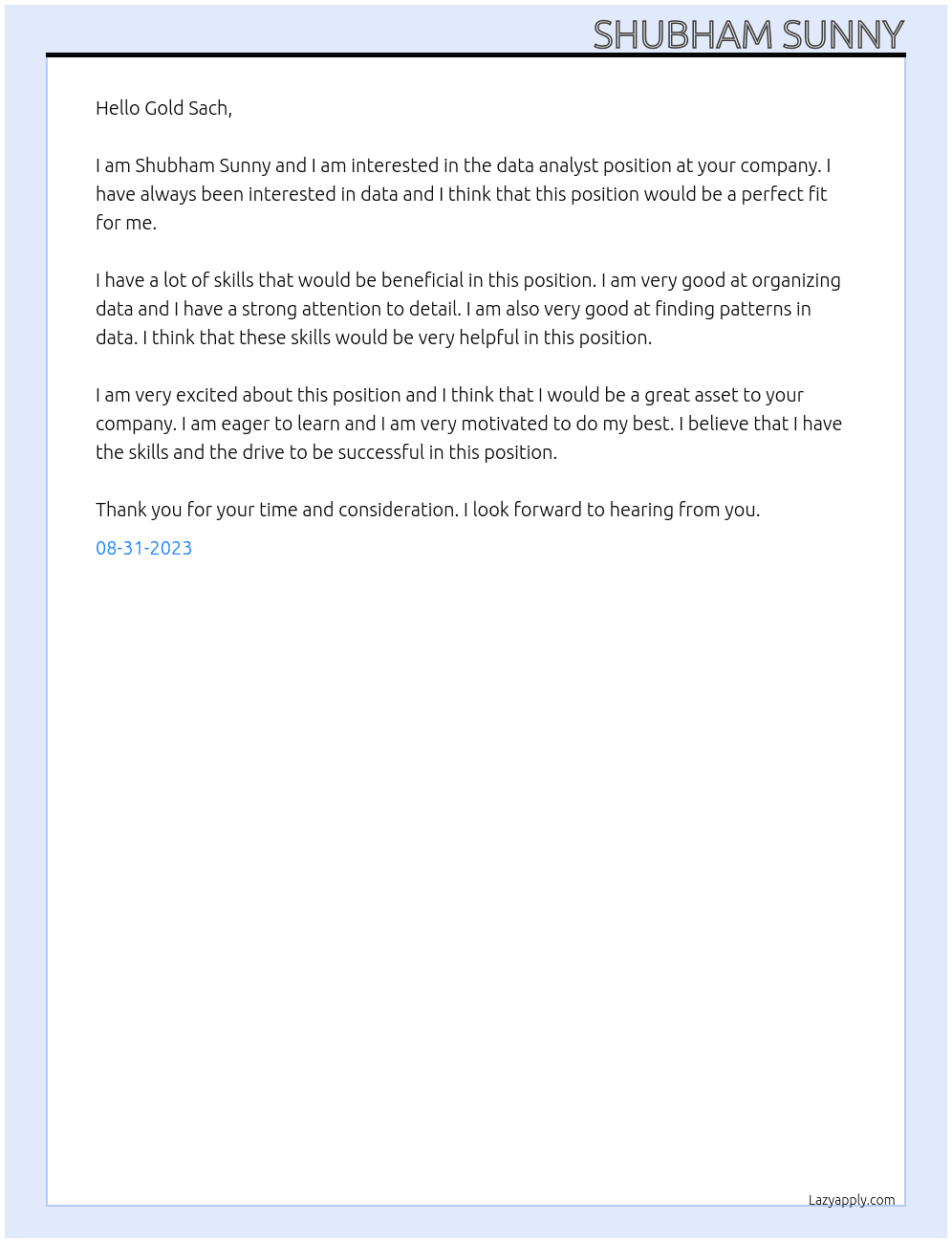 data analyst At Gold Sach Cover Letter