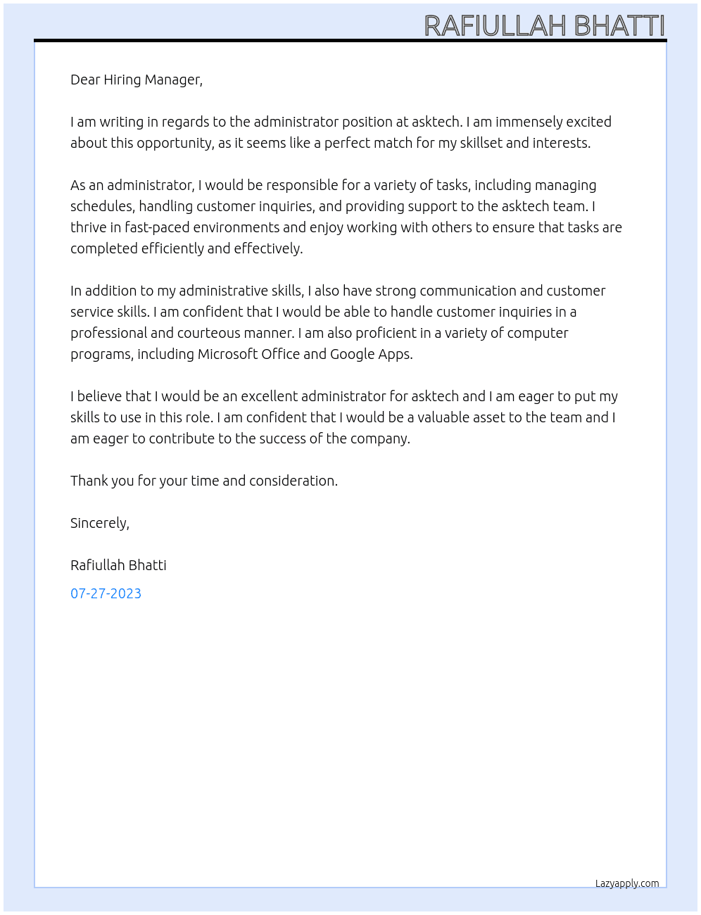 administrator At asktech Cover Letter