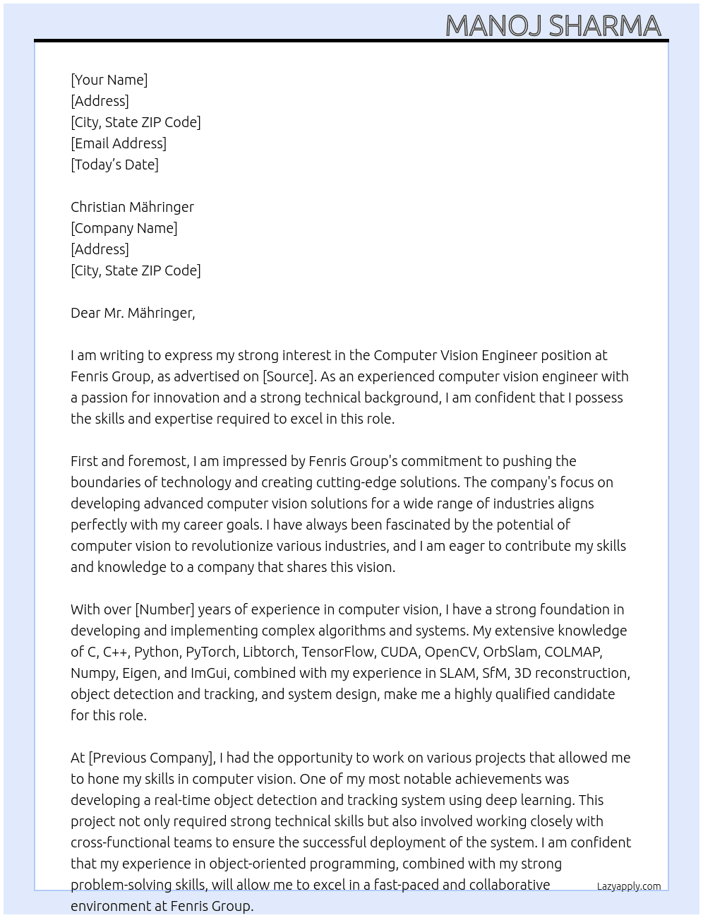 Computer Vision Engineer At fenris group Cover Letter