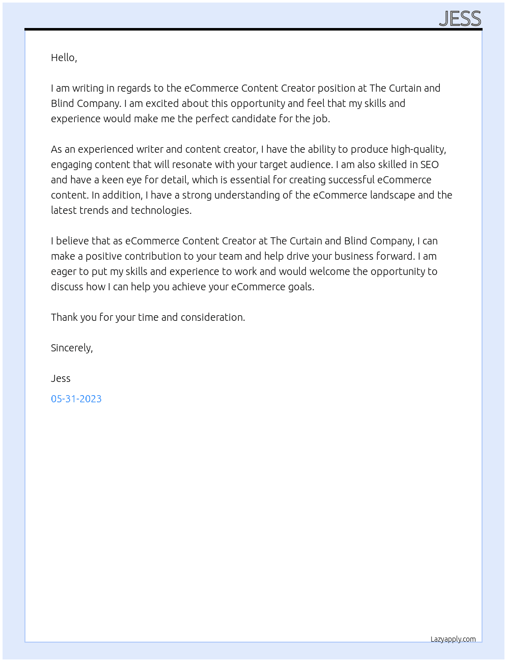 eCommerce Content Creator At The Curtain and Blind Company Cover Letter