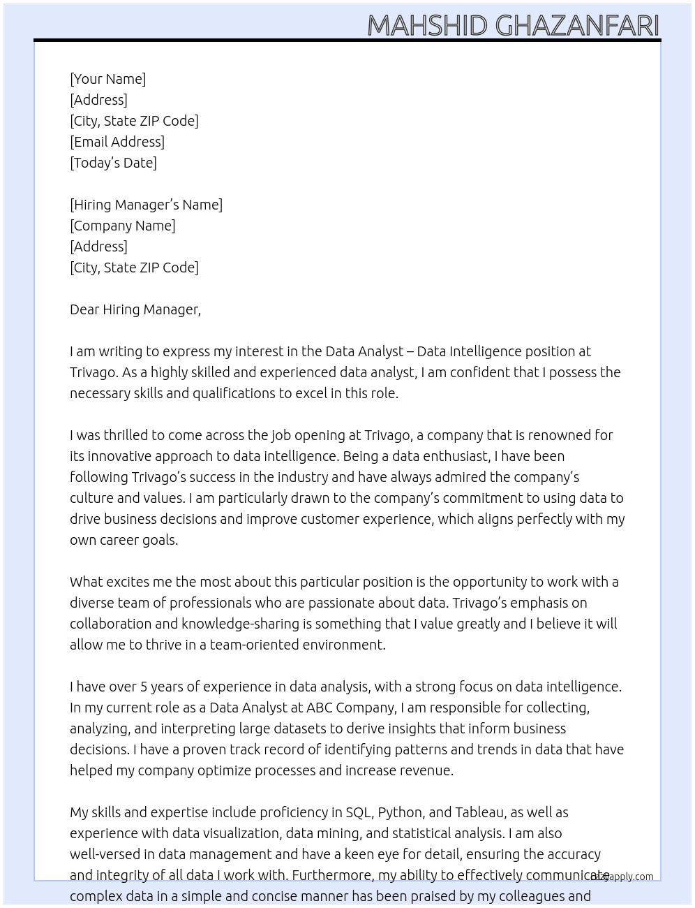 Data Analyst – Data Intelligence At Trivago Cover Letter