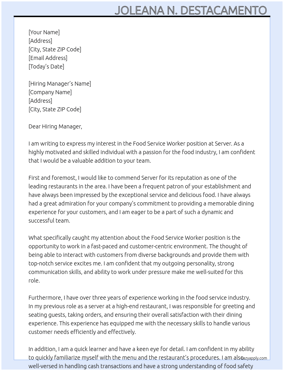 food service worker At Server Cover Letter