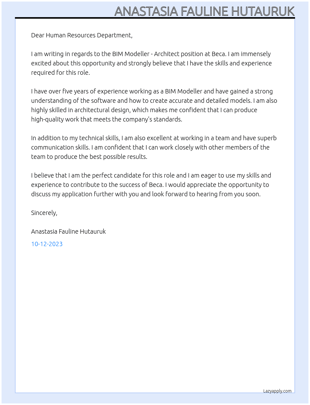 BIM Modeller - Architect At Beca Cover Letter