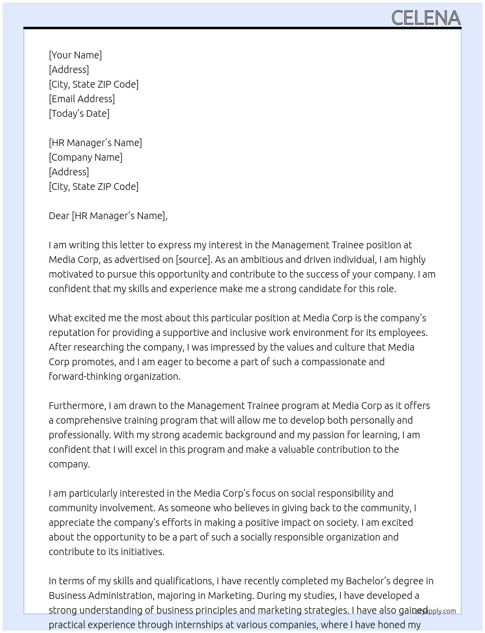 management trainee At Media corp Cover Letter