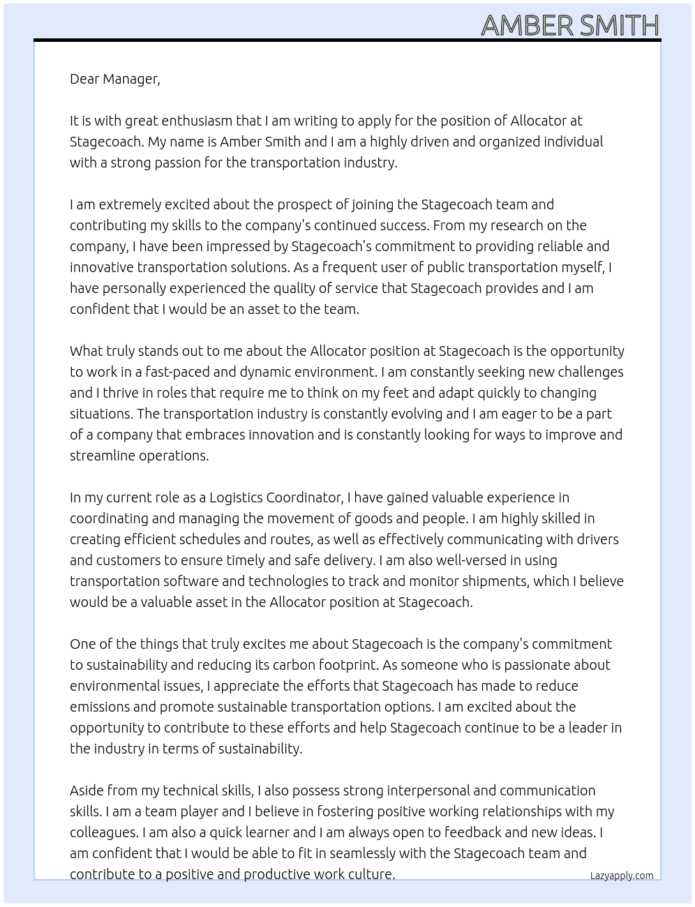 Allocator At Stagecoach Cover Letter