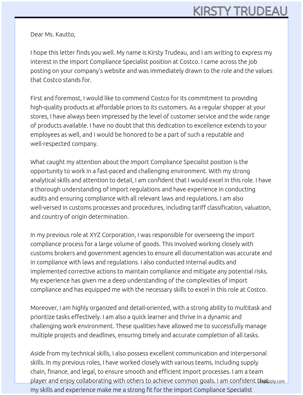 Cover letter for import compliance specialist - LazyApply