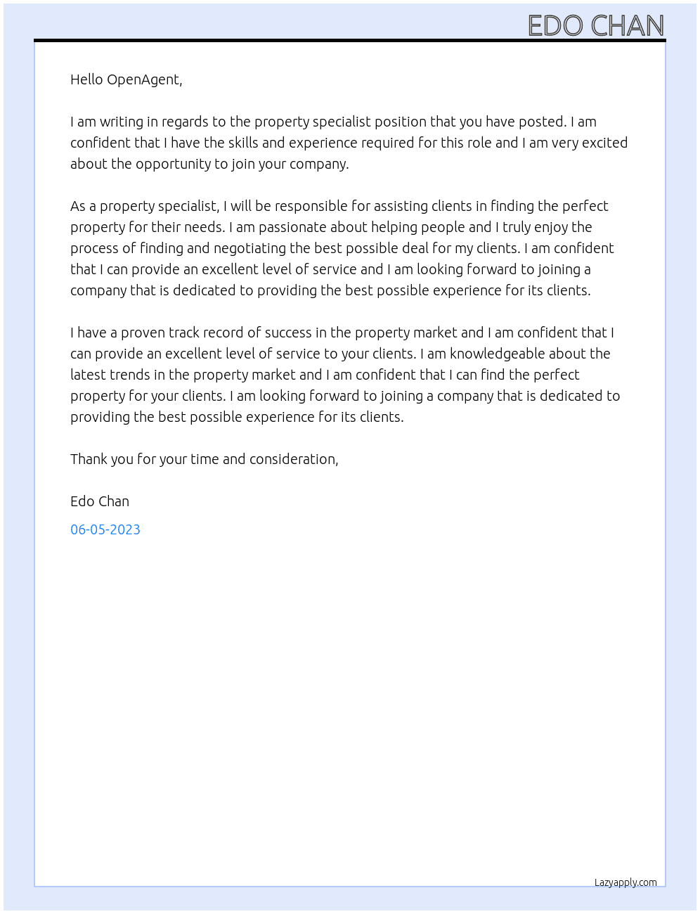 Cover letter for property specilist - LazyApply
