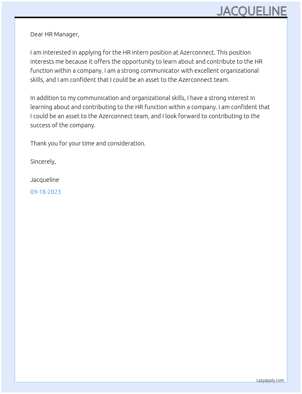 HR Intern At Azerconnect Cover Letter