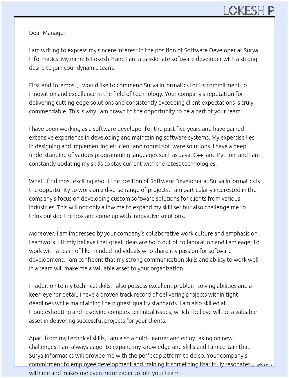 Software developer  At Surya informatics  Cover Letter
