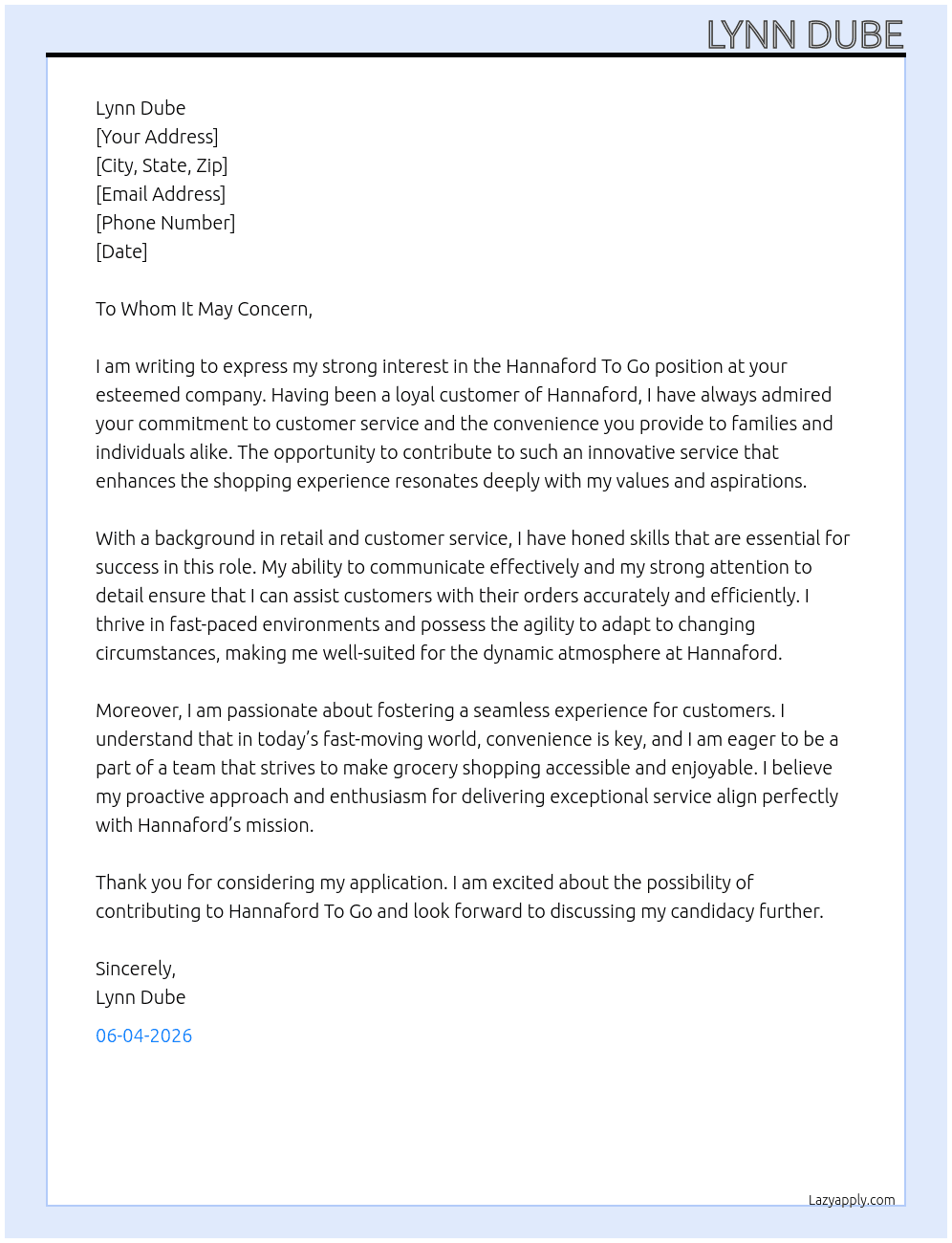 Hannaford To Go At Lynn Dube Cover Letter