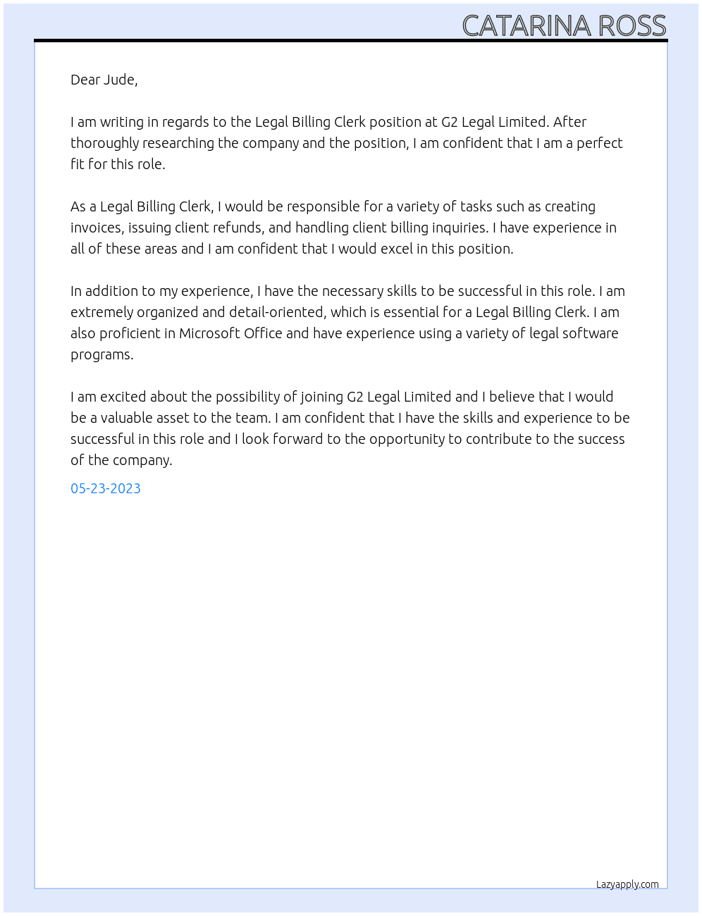 Legal Billing Clerk At G2 Legal Limited Cover Letter