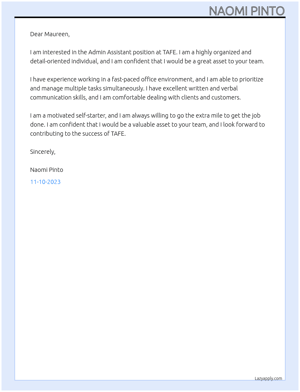Admin Assistant At TAFE Cover Letter