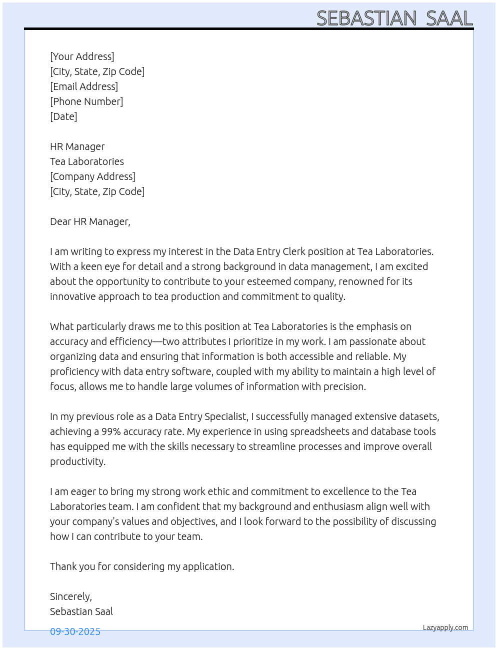 Data entry clerk At Tea laboratories  Cover Letter