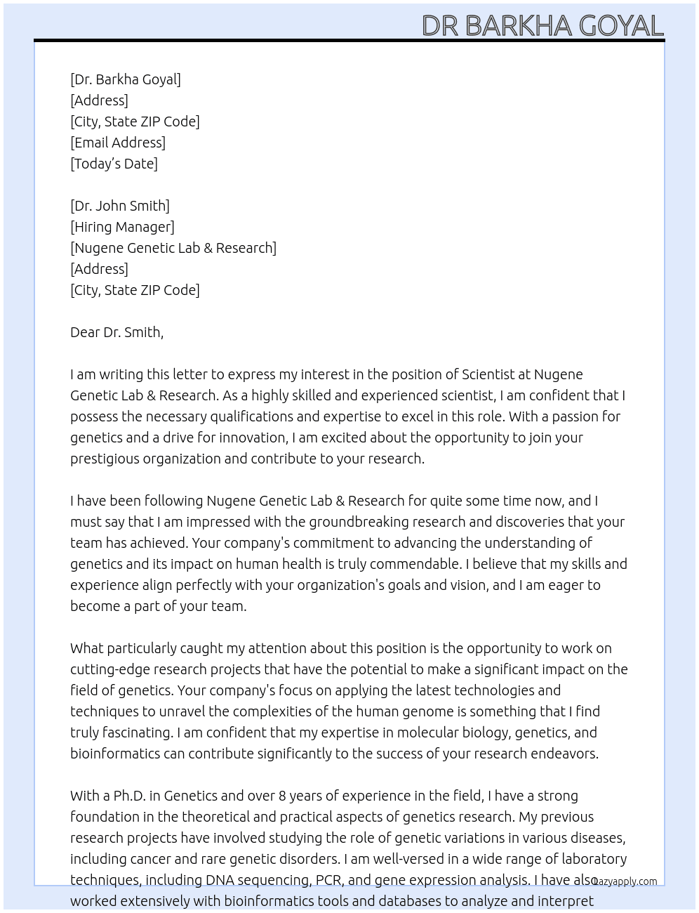 Scientist At Nugene Genetic Lab & research Cover Letter