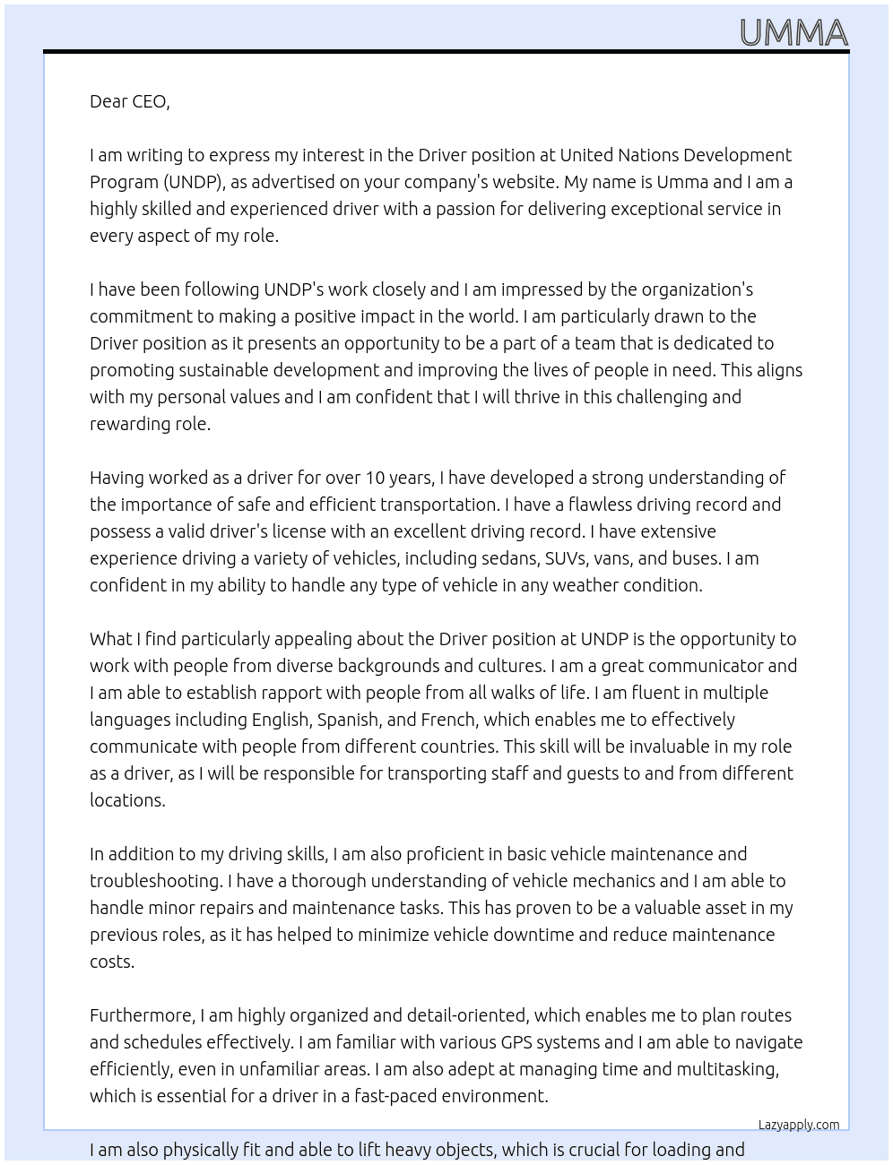 Driver  At United nation development program  Cover Letter