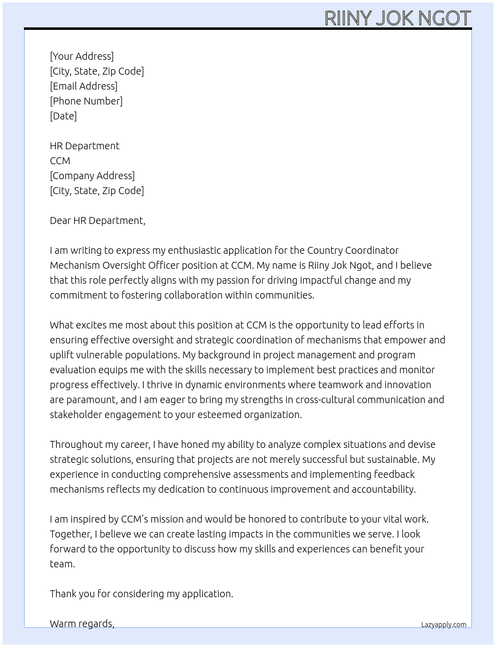 Country coordinator Mechanism oversight officer At CCM Cover Letter