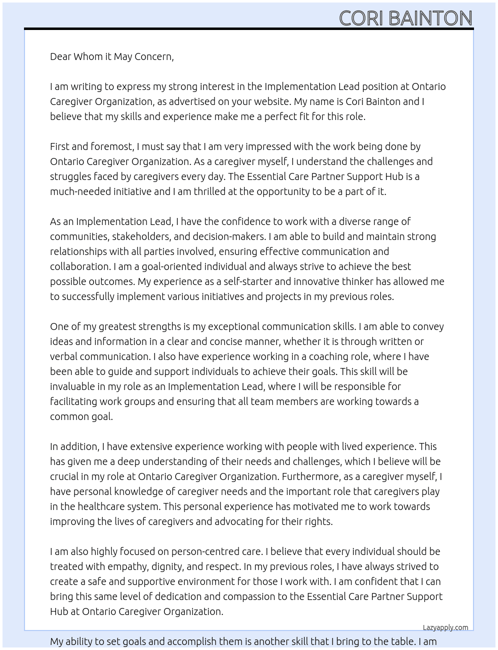 Implementation Lead, Essential Care Partner Support Hub At Ontario Caregiver Organization Cover Letter