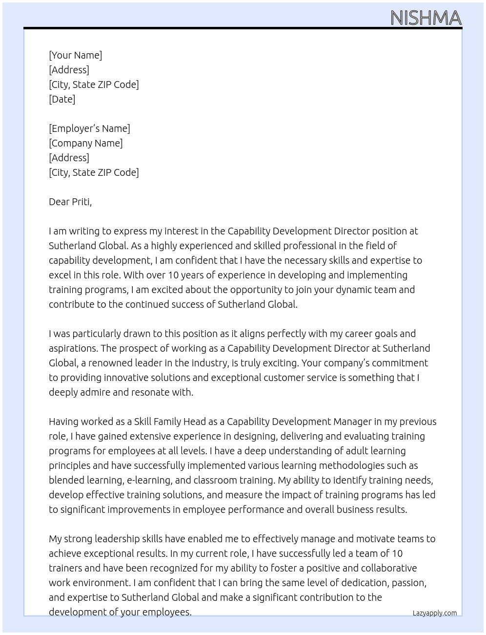 Capability Developemnt director At Sutherland global Cover Letter