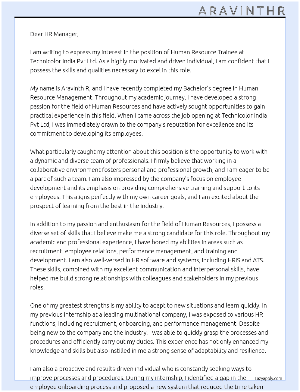 H u m a n R e s o u r c e T r a i n e e At technicolor india pvt Ltd Cover Letter