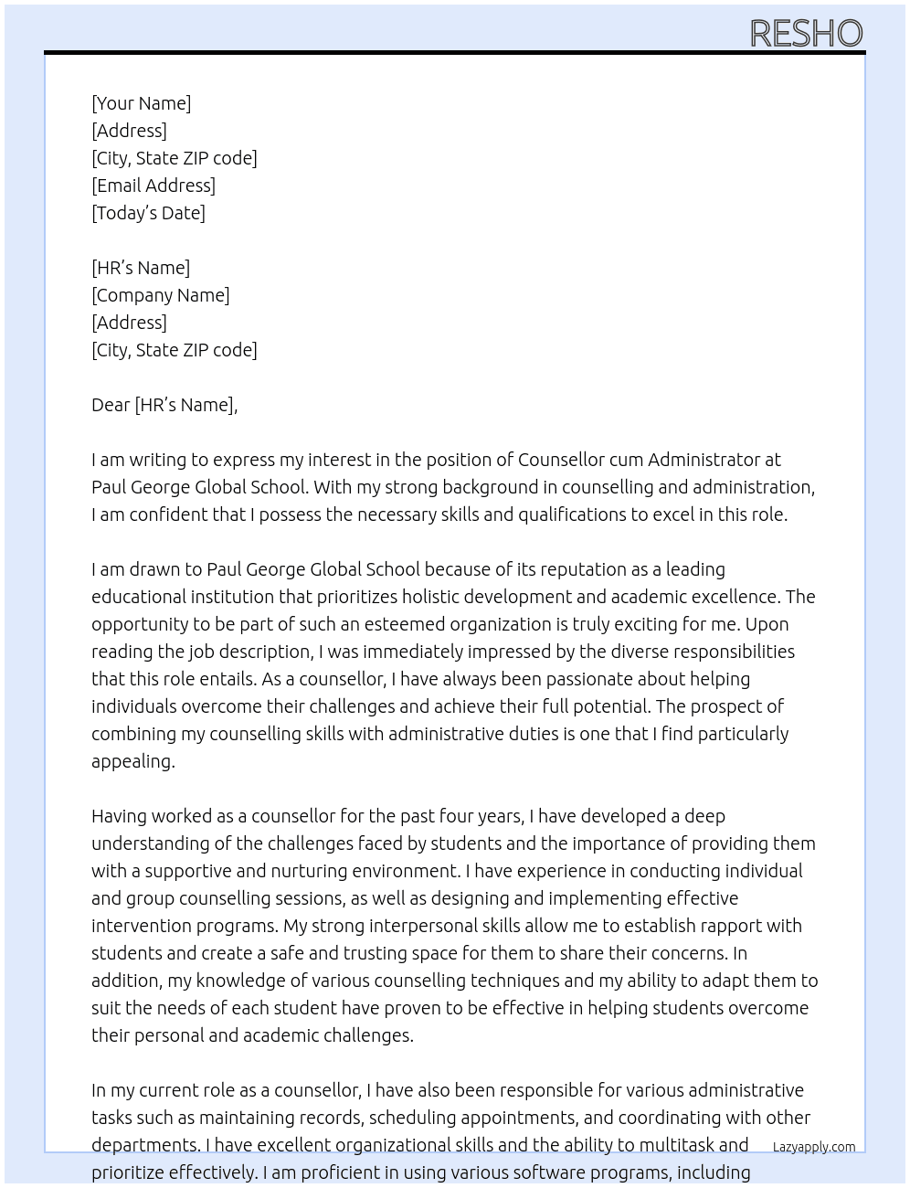 COUNSELLOR CUM ADMINISTRATOR At PAUL GEORGE GLOBAL SCHOOL Cover Letter