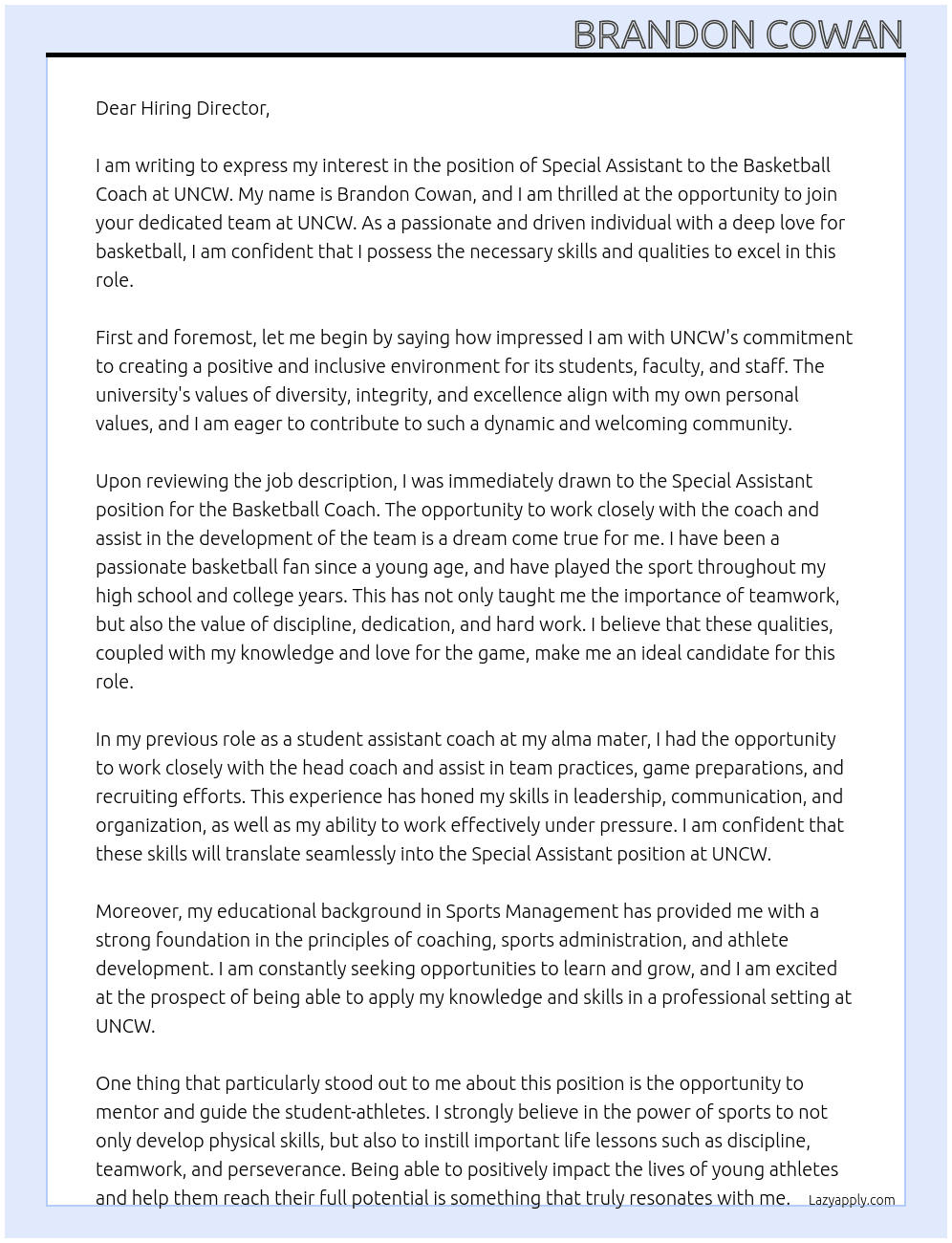 Special Assistant To Basketball Coach At UNCW Cover Letter