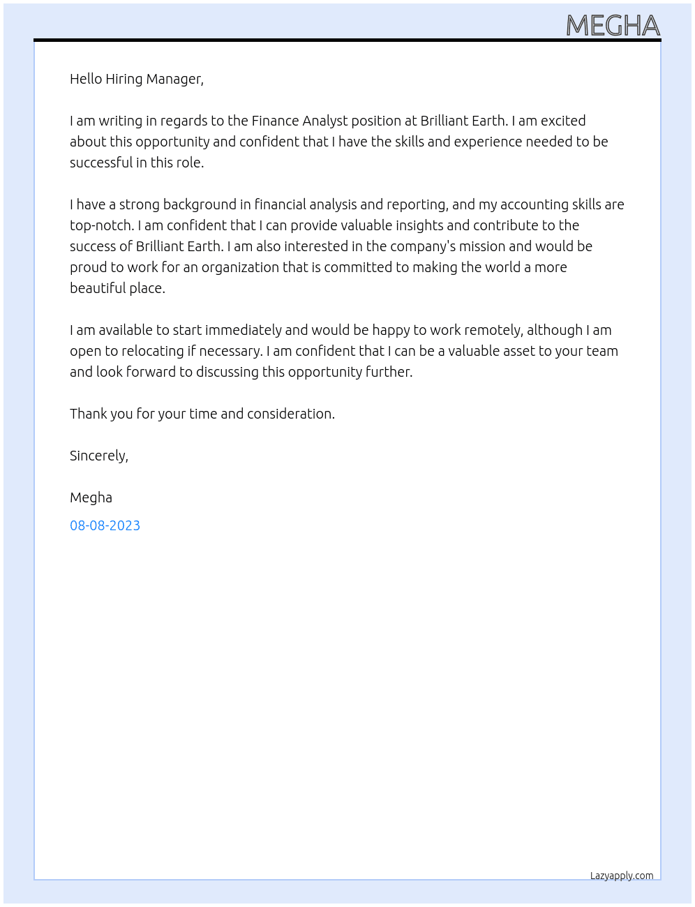 Finance Analyst At Brilliant Earth Cover Letter