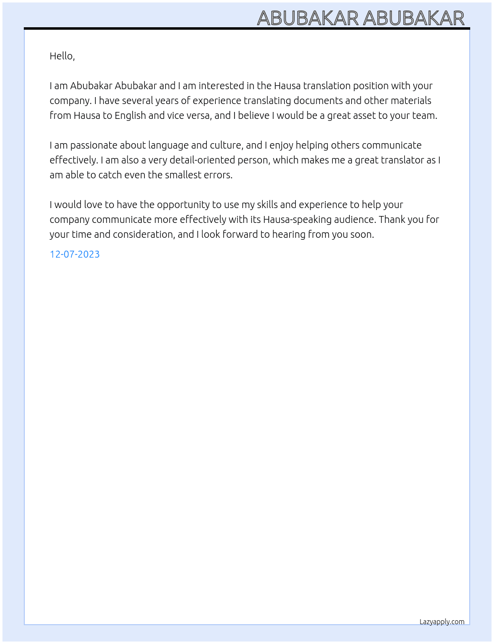 Hausa translation  At Hausa translator  Cover Letter