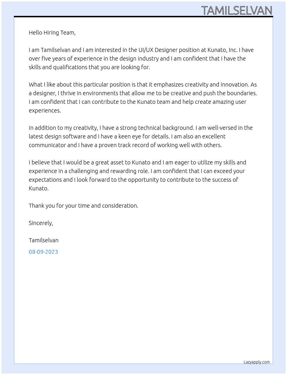 UI/UX Designer At Kunato, Inc. Cover Letter