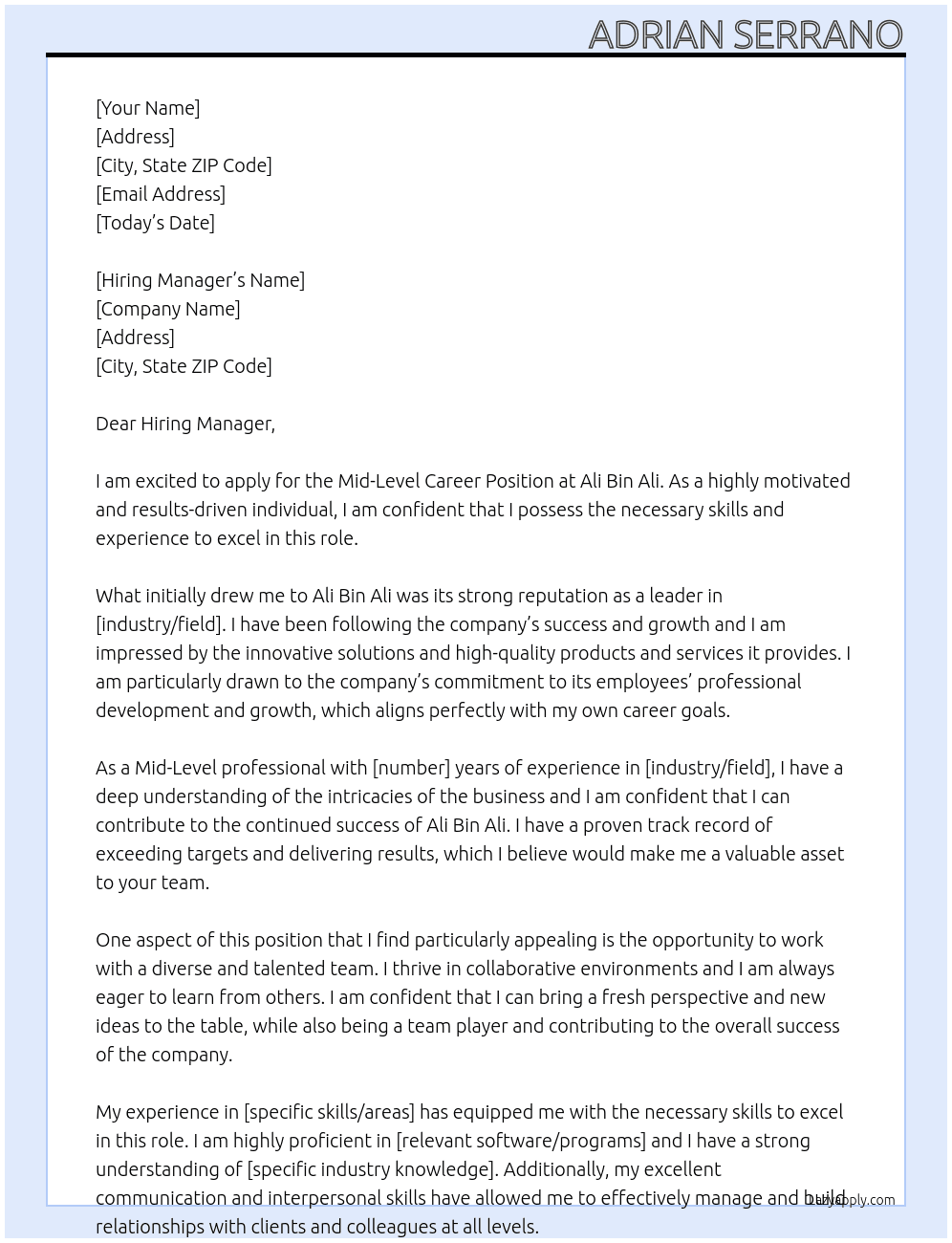 Cover letter for mid-level career position - LazyApply