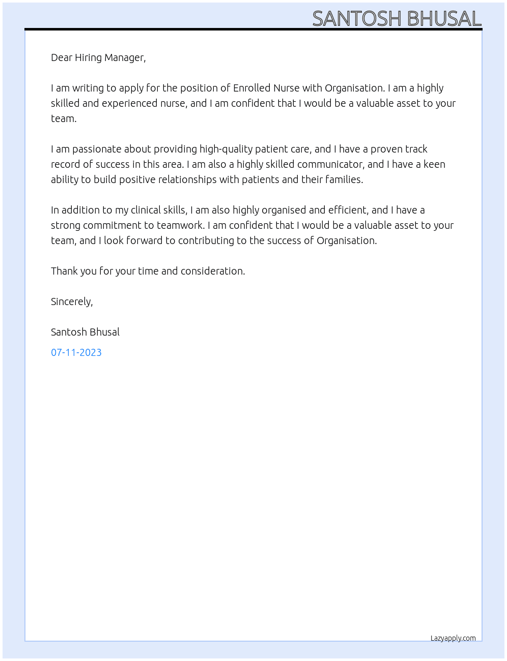 Enrolled Nurse At Organisation Cover Letter