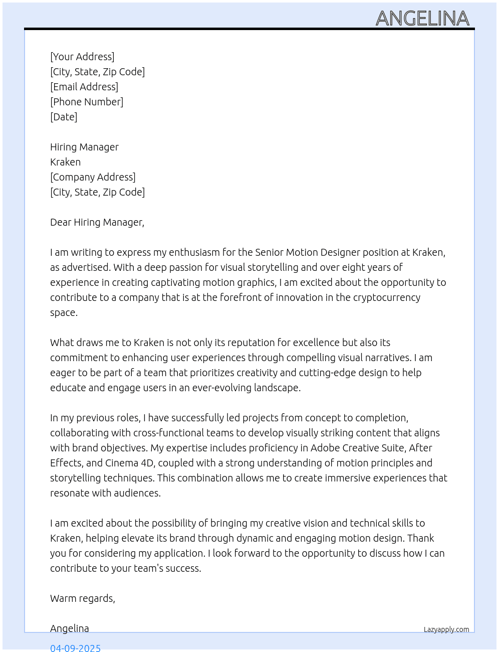 senior motion designer At Kraken  Cover Letter