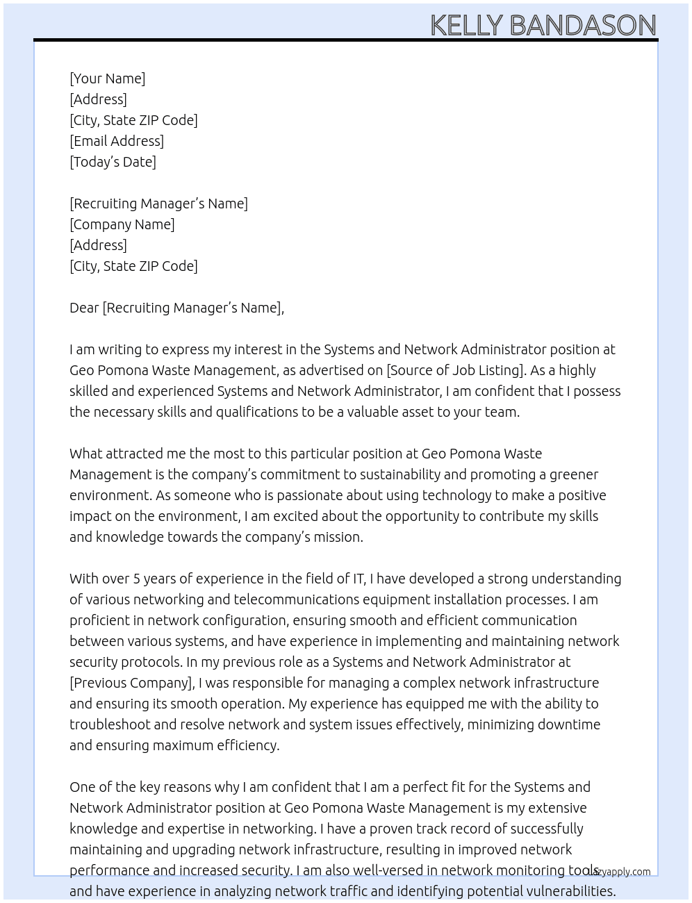 Systems and Network Administrator At Geo Pomona Waste Management Cover Letter