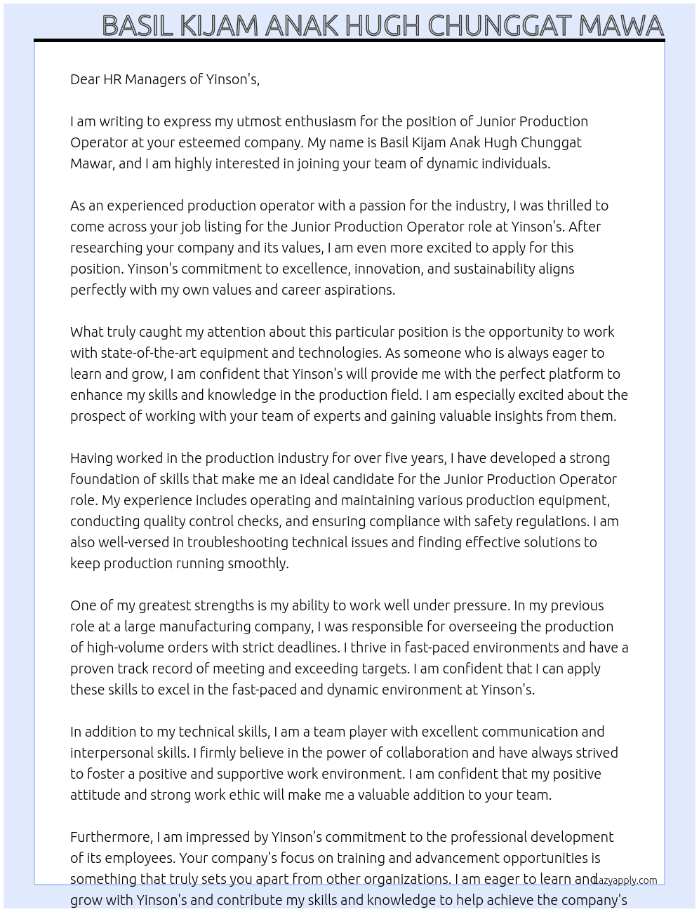 junior production operator At Yinson's Cover Letter