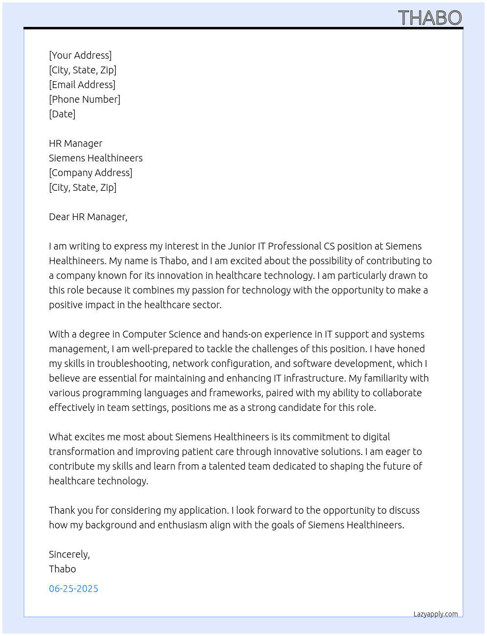 Cover letter for junior it professional cs - LazyApply