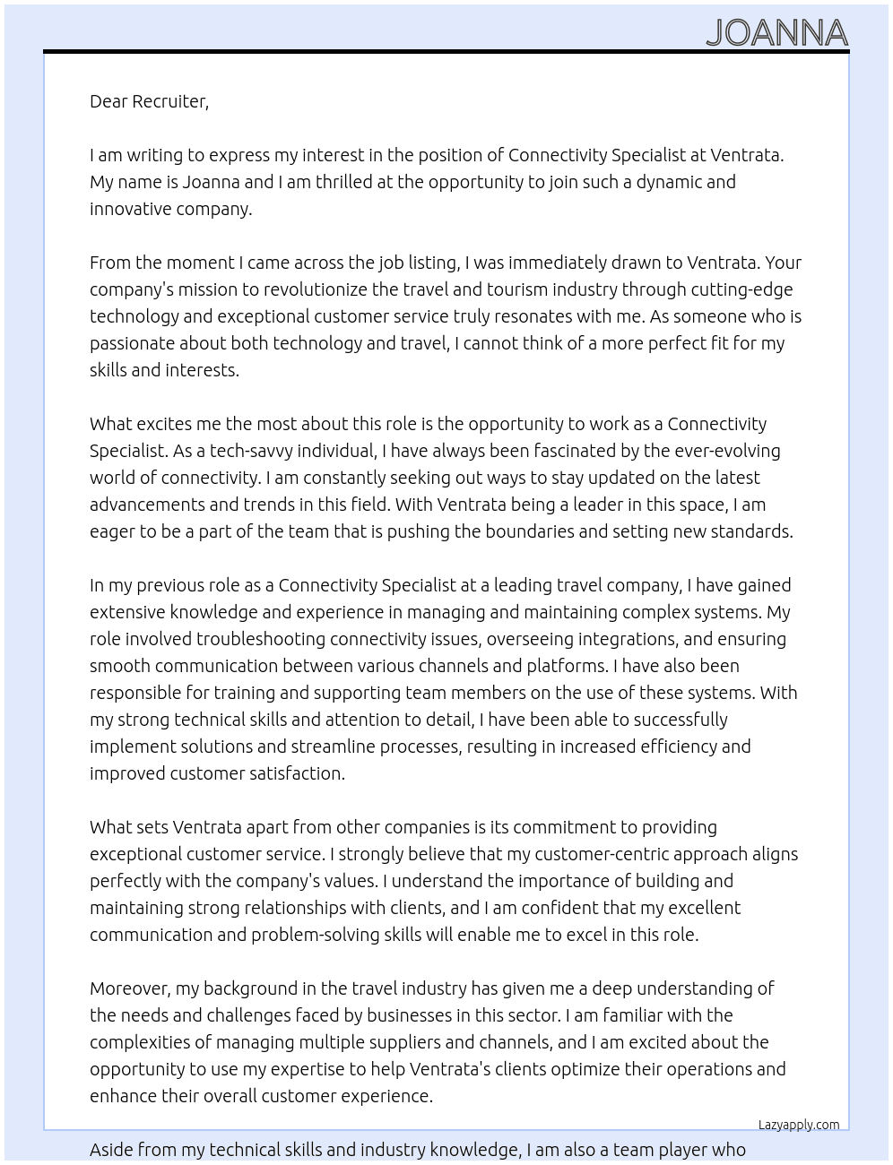 Connectivity Specialist At ventrata Cover Letter