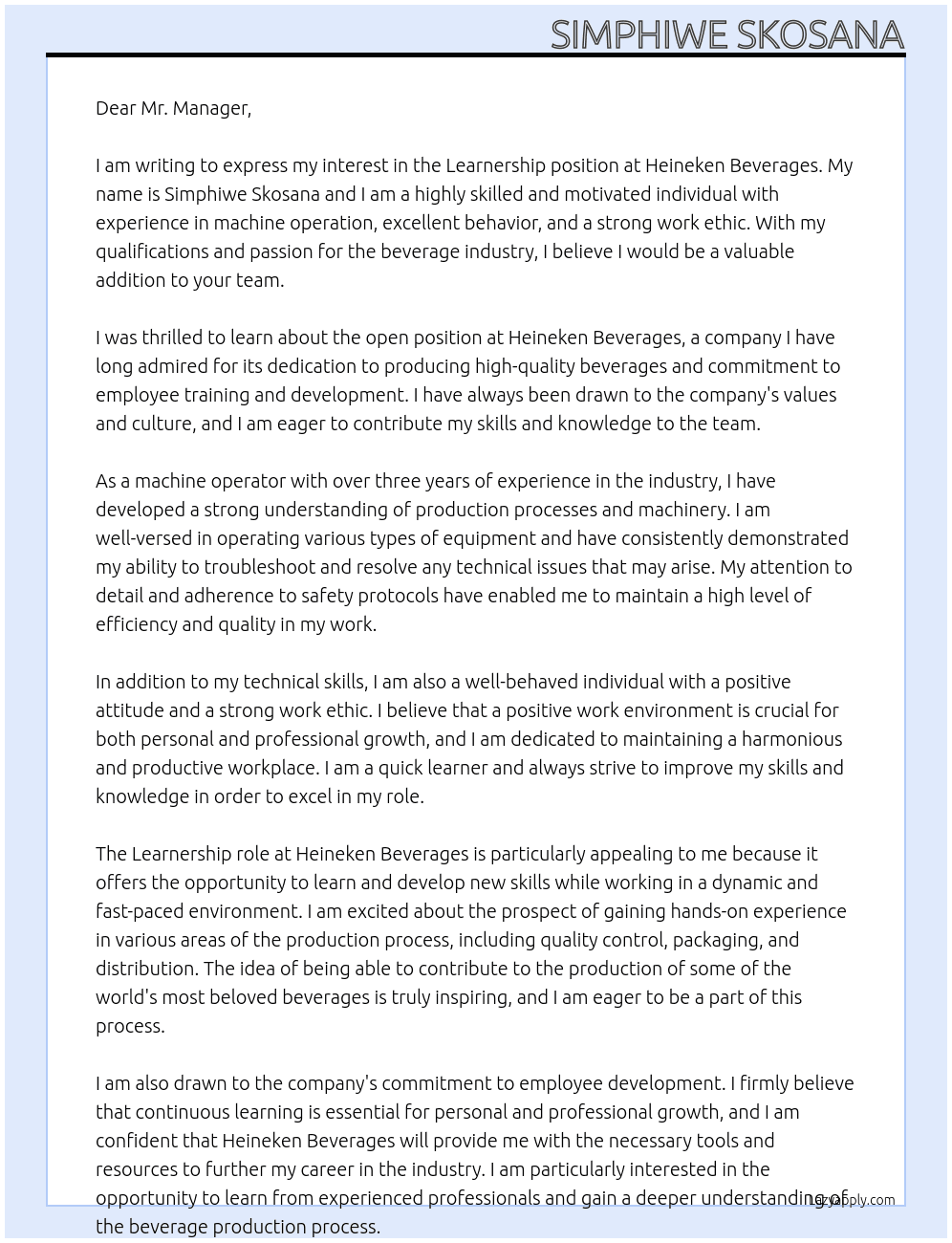  Learnership  At Heineken Beverages  Cover Letter