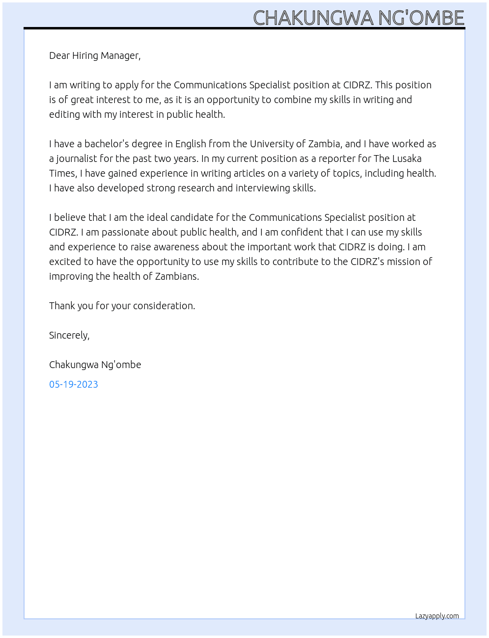 Communications Specialist At CIDRZ  Cover Letter