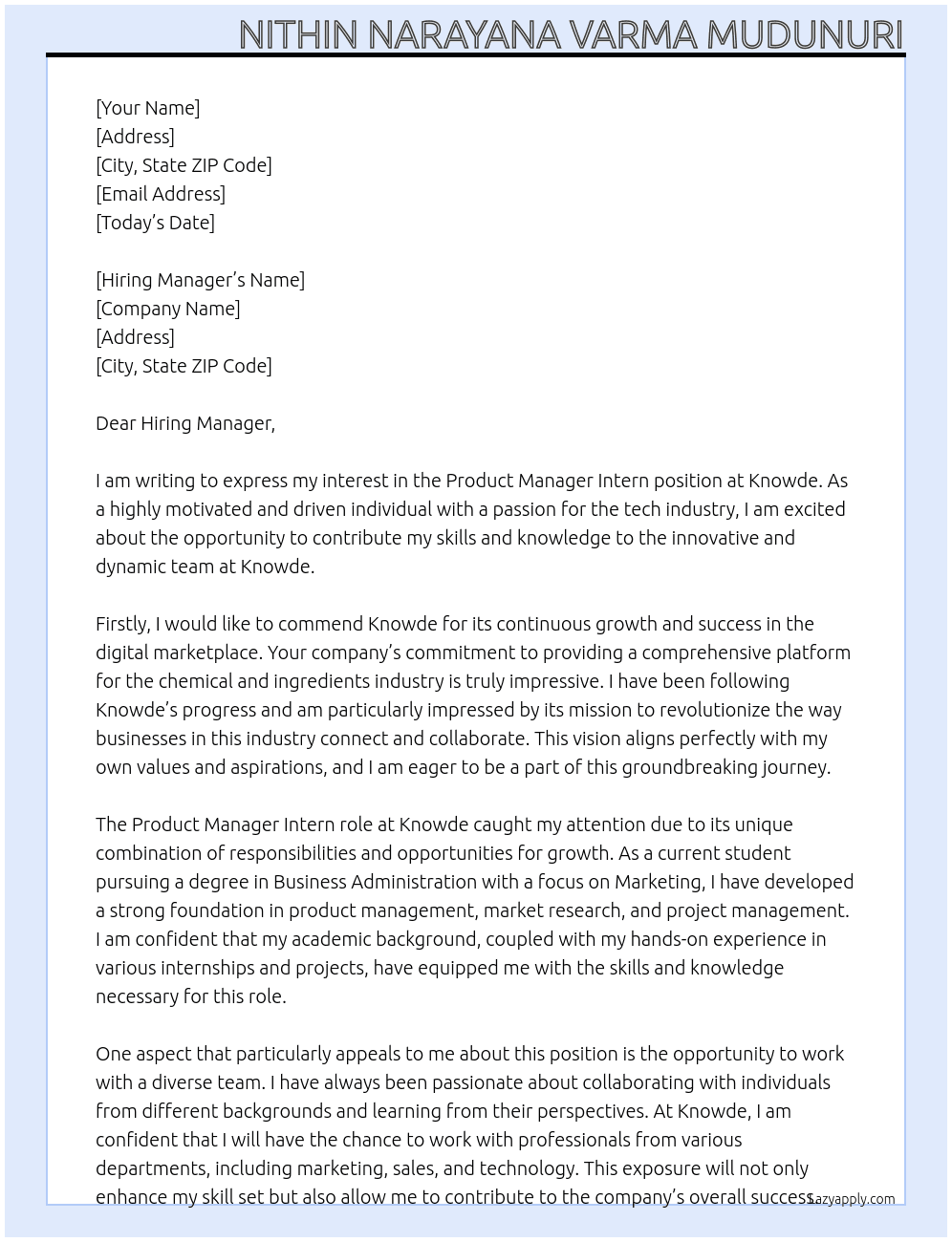 Product Manager Intern At Knowde Cover Letter