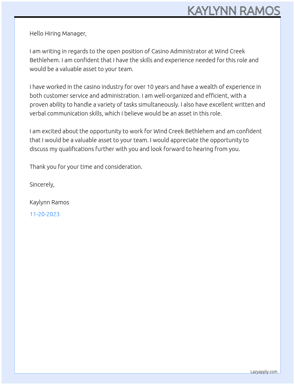 Casino Administrator At Wind Creek Bethlehem Cover Letter