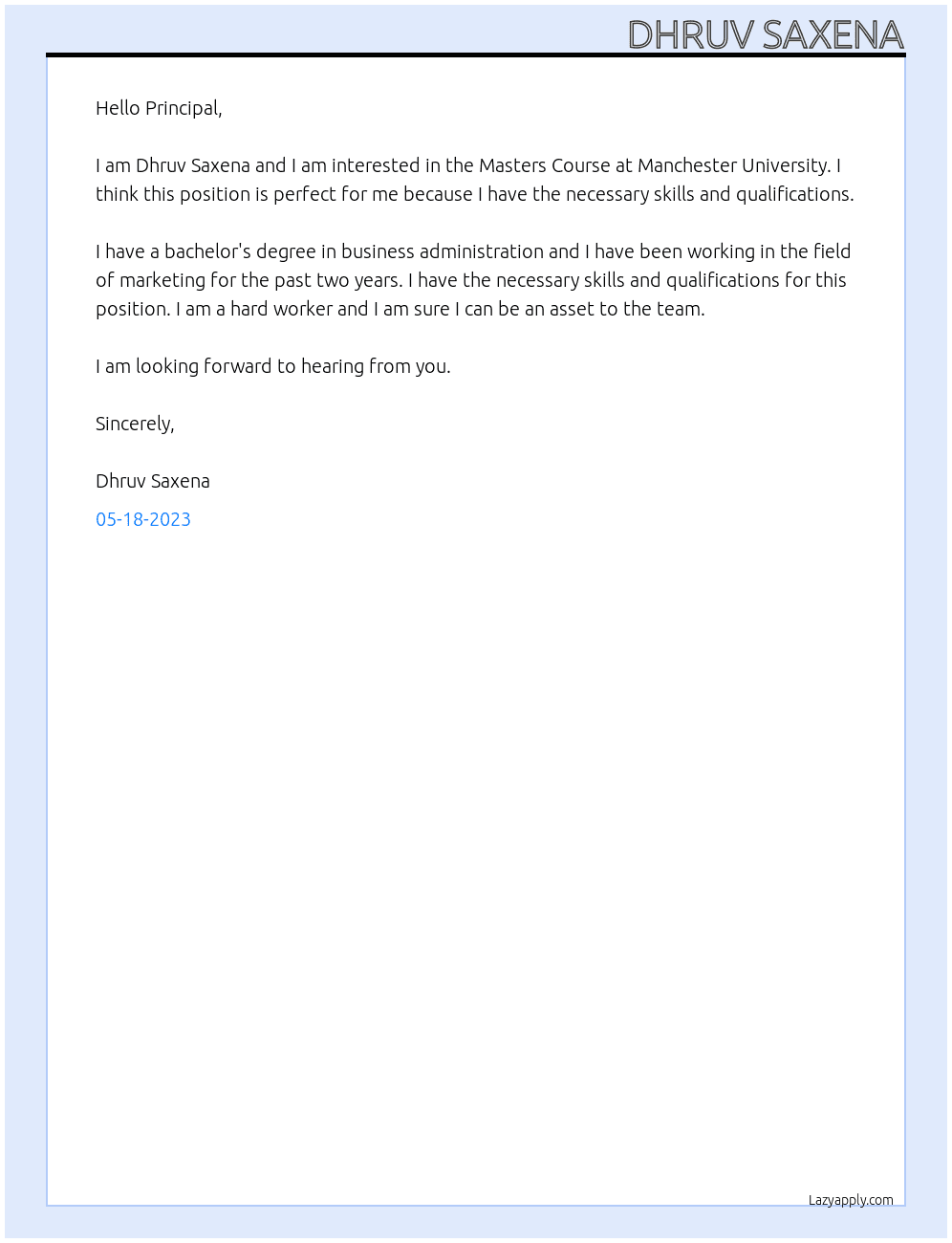 Masters Course At Manchester university Cover Letter