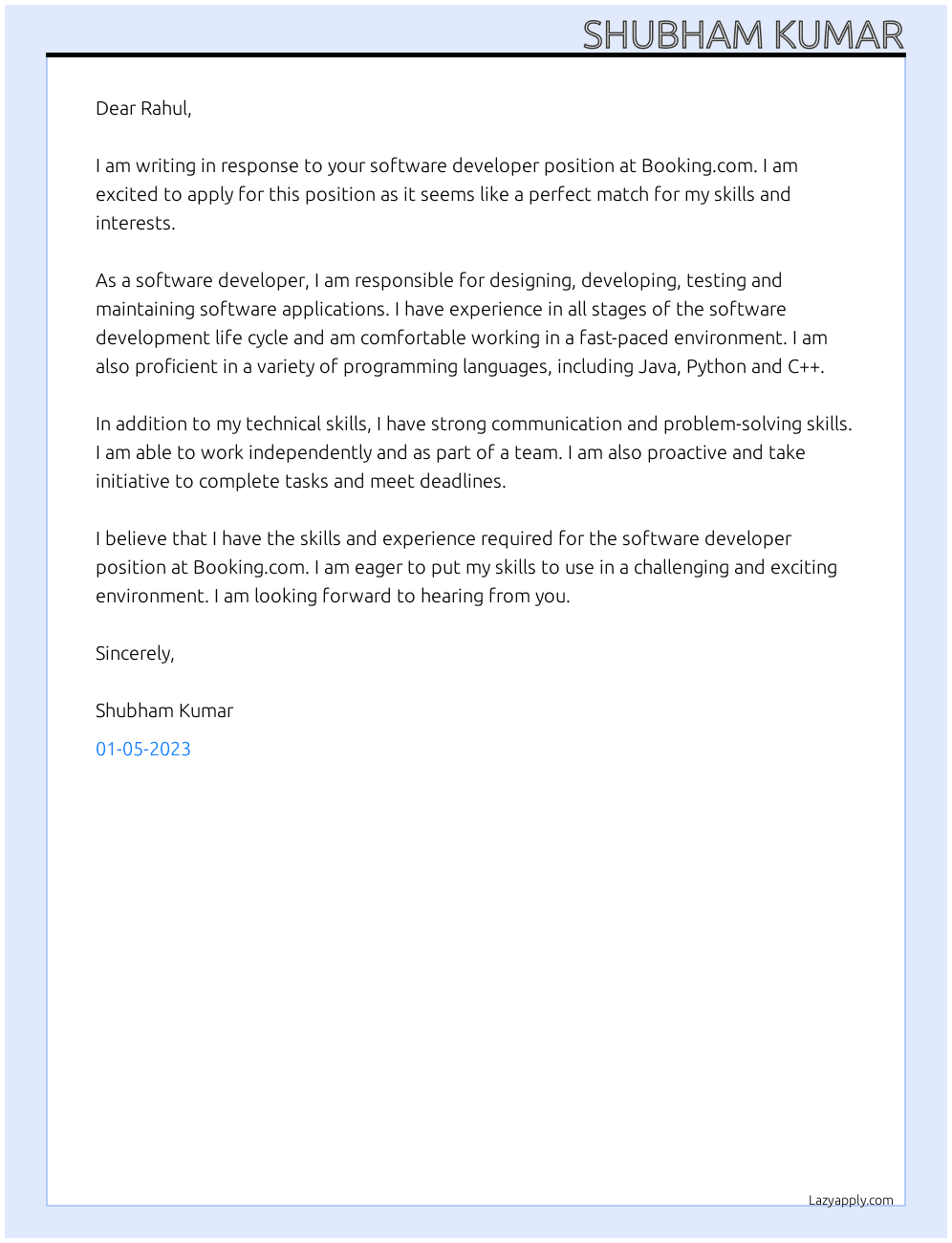 Software developer At Booking.com Cover Letter