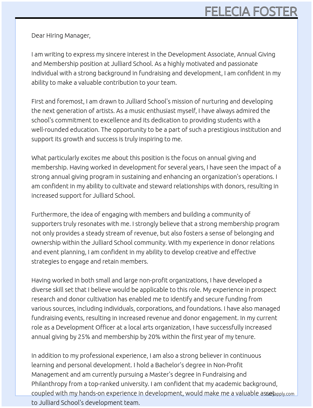 Development Associate, Annual Giving and Membership At Julliard School Cover Letter