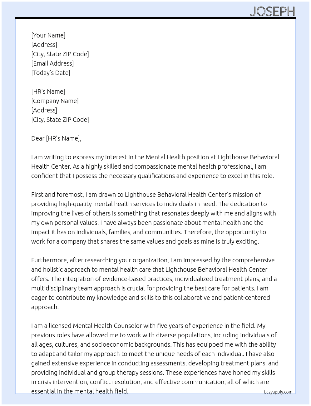 mental health At Lighthouse Behavioral Health Center Cover Letter
