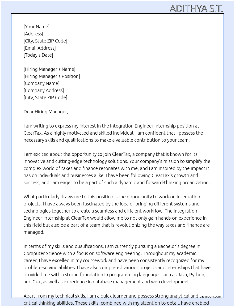 Integration Engineer Internship At ClearTax Cover Letter