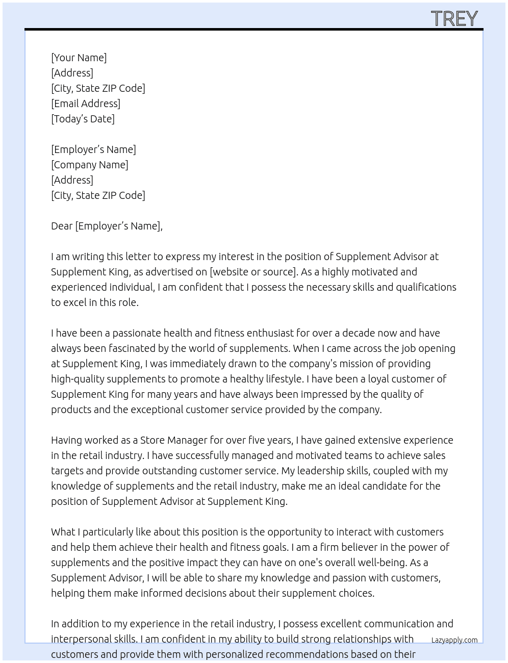 supplement advisor At Supplement King  Cover Letter