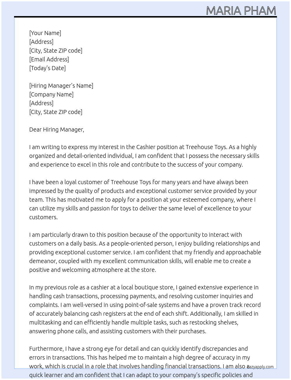 Cashier At Treehouse Toys Cover Letter