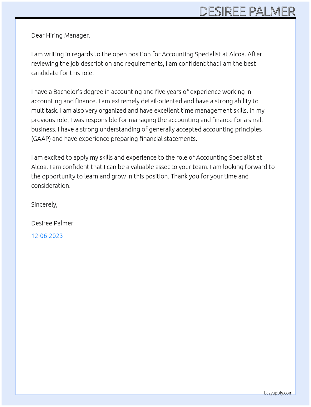 Accountanting Specialist At Alcoa Cover Letter
